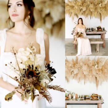 Photo Credit: Ellie Koleen @EllieKoleen (On Instagram); Creative Direction: Josie Cabrera @ysLnc (On Instagram) Shows a closeup of boho bride holding a dried wildflower bouquet
