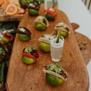 Kaelyn & Jake Styled Shoot
Savannah Grace Photography
@savannahgracephotos Mini tacos on lime with tequila shots