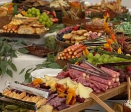 Shows a decadent charcuterie display