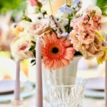 Close-up view of a floral centerpiece designed for a high tea event